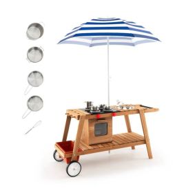 Kids Wooden Play Portable Cook Cart Set Navy/White Sun Proof Umbrella
