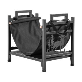 Indoor Firewood Rack, 1.5 ft Curved Log Holder with Canvas Carrier, 40lb Weight Capacity Wood Storage Stand, Powder-Coated Steel Firewood Holder