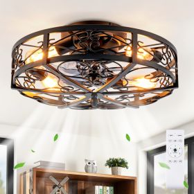 20in  Mounting Type Caged Ceiling Fan With Lights And Remote Control ,Reversible Motor, DC Remote Control,6 Speed Ceiling Fan,Timing Fan Lamp--NO (Option: Black)
