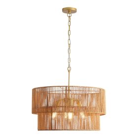 23.62in  Handwoven Woven Paper Rattan Chandelier, 2-Tier Boho Wabi-Sabi Pendant Light, Gold Metal Hanging Ceiling Lamp, Wicker Lighting Fixture F (Option: D23.62H10.2 in TO 62.36 in)